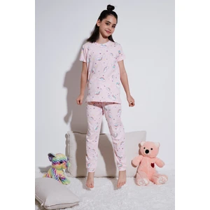 % 100 Pamuk Bisiklet Yaka Kısa Kollu Pijama Takımı Kız Çocuk Pijama Takımı 6651002