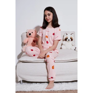 % 100 Pamuk Bisiklet Yaka Kısa Kollu Pijama Takımı Kız Çocuk Pijama Takımı 6651002