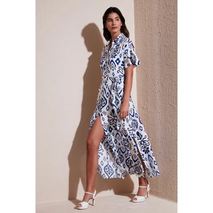Desenli Yırtmaçlı Gömlek Yaka Maxi Elbise Kadın Elbise 611EL502