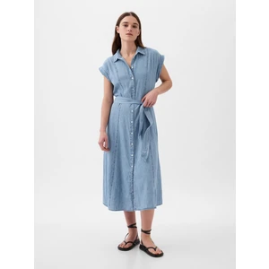 Kadın Açık Mavi Denim Gömlek Midi Elbise