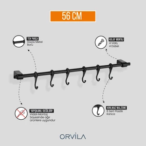 Siyah Metal Mutfak ve Banyo Askısı 6 Kancalı Askı Demiri 56 cm Çubuk