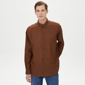 Erkek Kahverengi Classic Fit Uzun Kollu Keten Gömlek W35101T.2CC