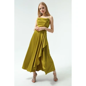 Kadın Yağ Yeşili Volanlı Yırtmaçlı Saten Midi Boy Abiye & Mezuniyet Elbisesi