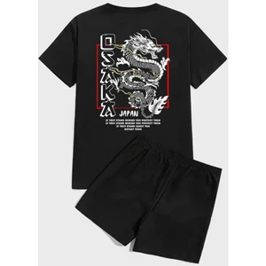 Amor Man Büyük Beden Özel Tasarım Osaka Ejderha Sırt Baskılı  Pamuk Oversize Erkek T-Shırt Şort Takımı