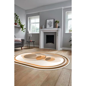 Evdeya Modern Çerçeve Desen Yıkanabilir Kaymaz Yolluk Mutfak Oval Salon Halısı, O-Çerçeveli-24-Bej,