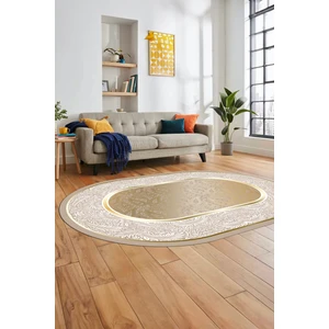Evdeya Çiçekli Tasarım Yıkanabilir Kaymaz Taban Çerçeveli Oval Mutfak Salon Halısı, O-Çerçeveli-37-Gold,