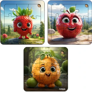 Çocuklar Için  Sevimli Meyveler Ahşap Renkli Yapboz 13X13 Ebadında Puzzle 9 Parça 3'lü Set 312