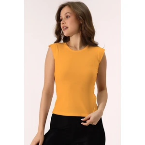 Shine Kadın Hardal Sıfır Yaka Ay Kol Esnek Basic Penye Bluz
