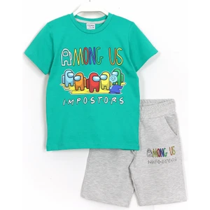 Among Us Baskılı Erkek Çocuk Yazlık 2'li Takım 4-11 Yaş Yeşil Gri 001-0001876