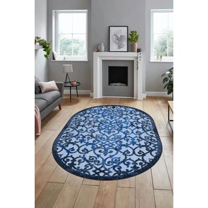 Evdeya Modern Klasik Desen Dijital Kaymaz Yıkanabilir Oval Yolluk Mutfak Salon Halısı O-Modern-32-Mavi
