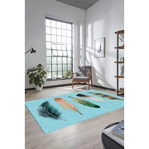 Evdeya Yaprak Desen Baskılı Kaymaz Taban Yıkanabilir Modern Yolluk Salon Halısı MODERN-114-MAVİ