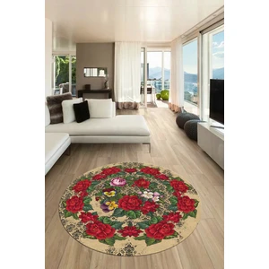 Evdeya Modern Çiçek Desenli Dijital Kaymaz Yıkanabilir Yuvarlak Mutfak Salon Halısı Y-Modern-21-Krem