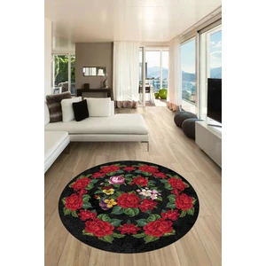 Evdeya Modern Çiçek Desenli Dijital Kaymaz Yıkanabilir Yuvarlak Mutfak Salon Halısı Y-Modern-21-Antrasit