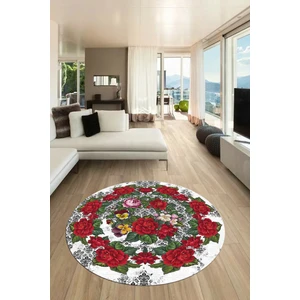 Evdeya Modern Çiçek Desenli Dijital Kaymaz Yıkanabilir Yuvarlak Mutfak Salon Halısı Y-Modern-21-Beyaz