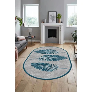 Evdeya Baskılı Kaymaz Yıkanabilir Modern Yaprak Desen Oval Yolluk Mutfak Salon Halısı O-Modern-41-Mavi