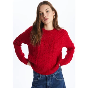 Moskova - Bisiklet Yaka Yumuşak Dokulu Saç Örgü Desenli Triko Kazak - Kırmızı Renk