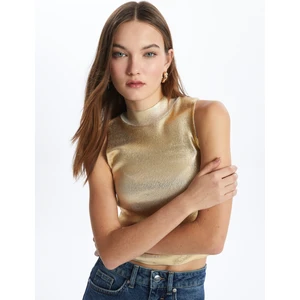 Floransa - Varak Baskılı Boğazlı Triko Bluz - Gold Renk