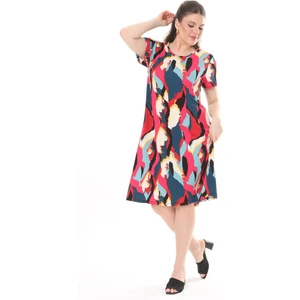 Mooi XXL Kadın Pembe Mavi Asimetrik Desen Midi Elbise