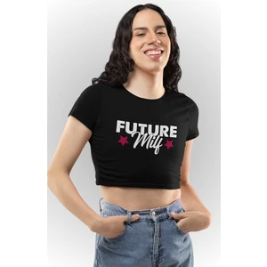 Fuddy Moda Future Milf Baskılı Beyaz Crop Top, Kadın Yıldız Baskılı Crop Bluz