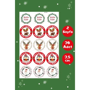 Burak Baskı Tasarım Yılbaşı Temalı Sticker Seti -Mutlu Yıllar Sticker 3,5 cm 30 Adet/ Christmas/hediye Paketi Etiketi