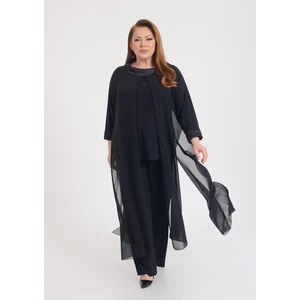 Lilas Xxl Büyük Beden Siyah Renkli Şifon Abiye Pantolon Tunik Takım