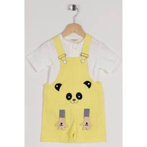 Bisiklet Yaka Kısa Kol Panda Fıgurlu Icı Tshirtlu Sari Renk Erkek Çocuk Sortlu Salopet
