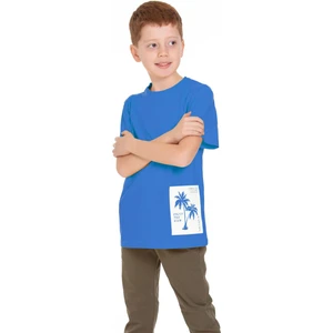 Bisiklet Yaka Kısa Kol Palmiye Baskılı Mavi Renk Erkek Çocuk Tshirt