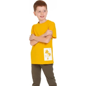 Bisiklet Yaka Kısa Kol Palmiye Baskılı Hardal Renk Erkek Çocuk Tshirt