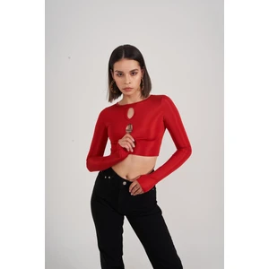 Holly Lolly Kadın Kırmızı Crop Parmak Geçirmeli Uzun Kol Frank Bluz
