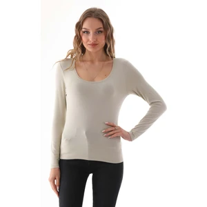 Penye Bizden Kadın Viskon Dekolte Yaka Slim Fit Tişört-Bej