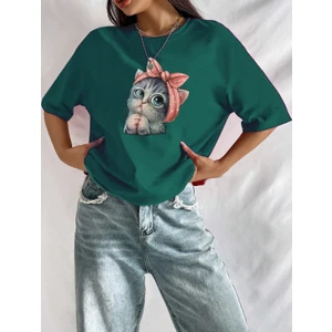 Sevimli Minik Kedi Baskılı Kadın Tişört