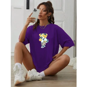 Peluş Ayı Baskılı Bisiklet Yaka Tshirt