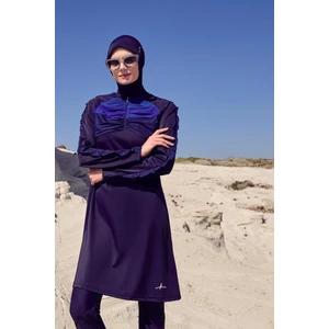 Su Tül Detaylı Lacivert Likralı 5 Parça Tesettür Mayo Takımı