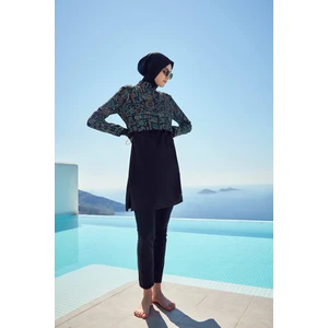 Tatil Tema Desenli Siyah Yeşil Jileli 5 Parça Tesettür Mayo Takımı