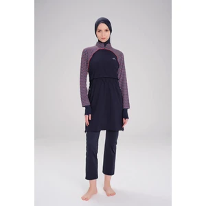 Esila Lacivert Kırmızı Kolu Desenli Jileli Tam Tesettür Mayo Üstü