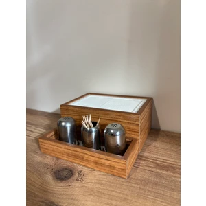 Baharatlık Bölmeli Ahşap Masaüstü Yatay Peçetelik Restaurant Dispenser