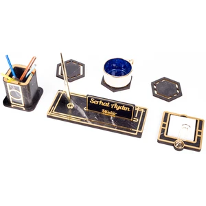 Retro Gold Kalemli Ataçlı Ahşap Masa Isimliği Bardak Altlığı Kalemlik Notluk Isimlik Masa Seti