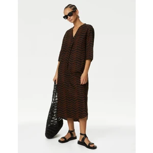 Marks & Spencer V Yaka Desenli Maxi Keten Elbise