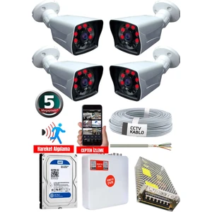 4 Kameralı Set - 5mp Sony Lensli Full Hd Gece Görüşlü Su Geçirmez Cepten Izle - Güvenlik Kamerası Sistemi