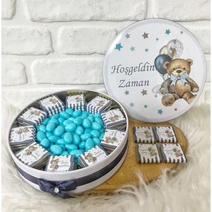 Bunnyball Chocolate 100 ADET+200GR Drajeli Lacivert Ayıcık Temalı Isme Özel Hoşgeldin Erkek Bebek Hediyelik Çikolata