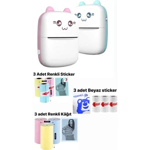 Mini Termal Taşınabilir Yazıcı Pembe, 3ADET Beyaz + 3ADET Renkli Sticker+ 3ADET Renkli Rulo