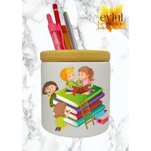 Eylül Design Çocuklar Için Baskılı Seramik Masaüstü Kalemlik Ahşap Detaylı Kalem Kutusu Doğum Günü Hediyesi