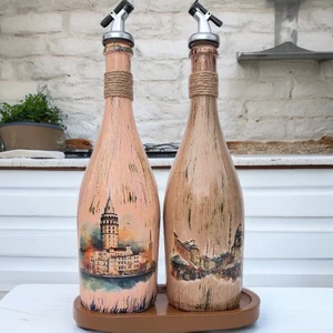 Mes Reves Design Istanbul Manzarası Desenli Sunum Stantlı 2'li 750 ml Zeytinyağı Sıvıyağ Şişesi Yağdanlık Yağlık