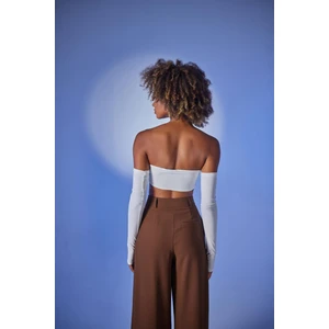Holly Lolly Kadın Ekru Straplez Crop Kol Detaylı Noir Bluz