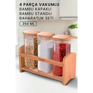 Kitchen Life 4 Parça Standlı Bambu Kapaklı Tezgah Üstü Baharat Seti - Baharat Takımı - 350 ml