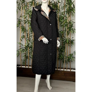 Kadın Büyük Beden Ekose 120 cm Mevsimlik Siyah Kapitone Mont 1042