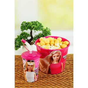 Barbie Mısır & Popcorn Kutusu+Kapaklı Pipetli Bardak 400 Ml.