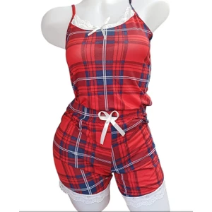 Ekose Desenli Dantel Işlemeli Şort Alt Üst Takım