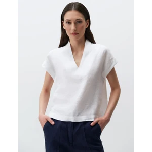 Jimmy Key Beyaz V Yaka Kolsuz Keten Bluz