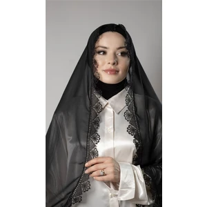 Hürrem Bone Siyah Namaz Başörtüsü Şal Şifon Kumaş Güpürlü 202106_01